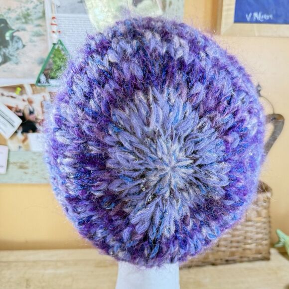 Hand Knit Hat Womens Partridge Studio NC Slouchy Chunky Beret Blues Ivory Tan - Picture 5 of 9